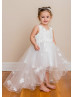 Beaded White Floral Tulle High Low Flower Girl Dress